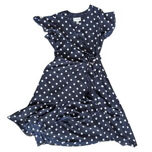 Joseph Ribkoff Sz. 10 Wrap Dress Navy Blue Polka Dot Frilly Flowy Spring Summer